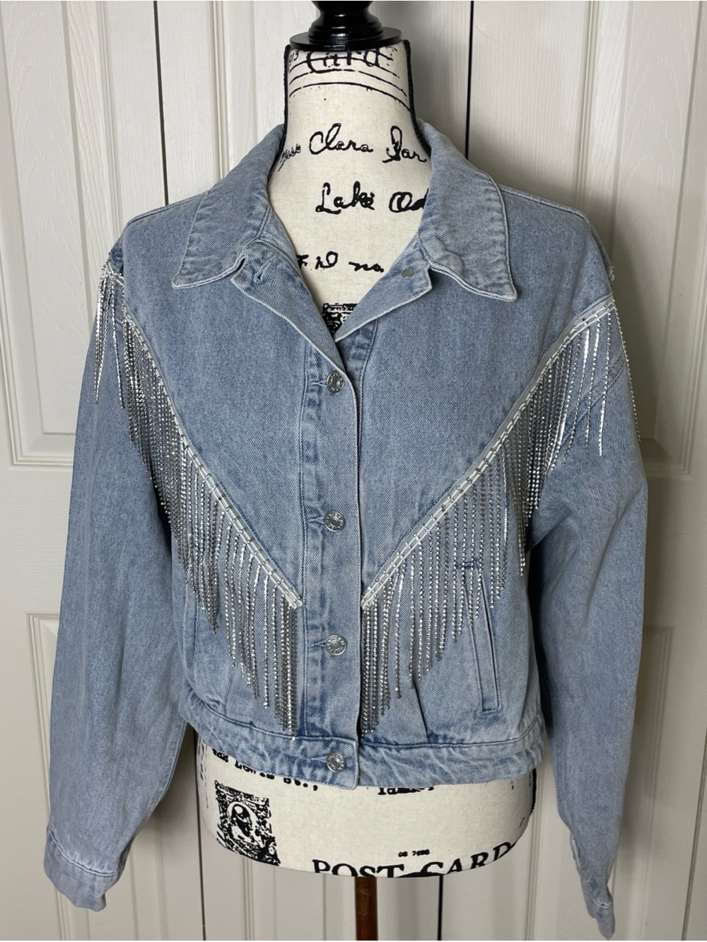 Blue B Rhinestone Fringe Denim Jacket Womens Med  Jean Western Cropped Cowgirl